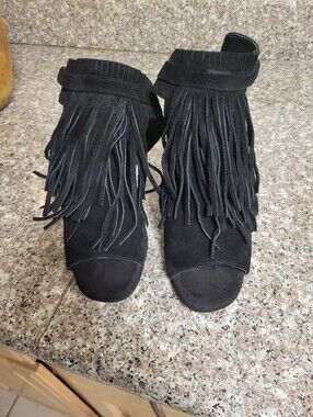 Jessica Simpson Black Suede Fringe Ankle-Strap Heels